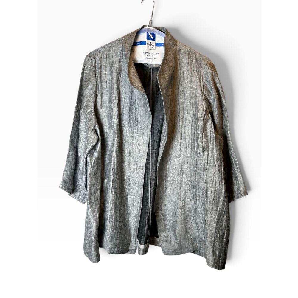 Eileen Fisher Woman 3X Metallic Silver Crinkle Linen Silk Open Front Jacket